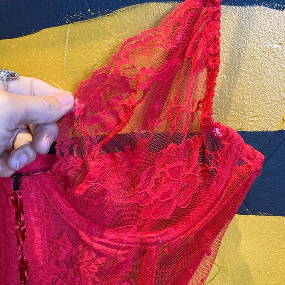 Shirley vintage red teddy lingerie bustier top lace up front sheer. Lace. 38 - Picture 6 of 9